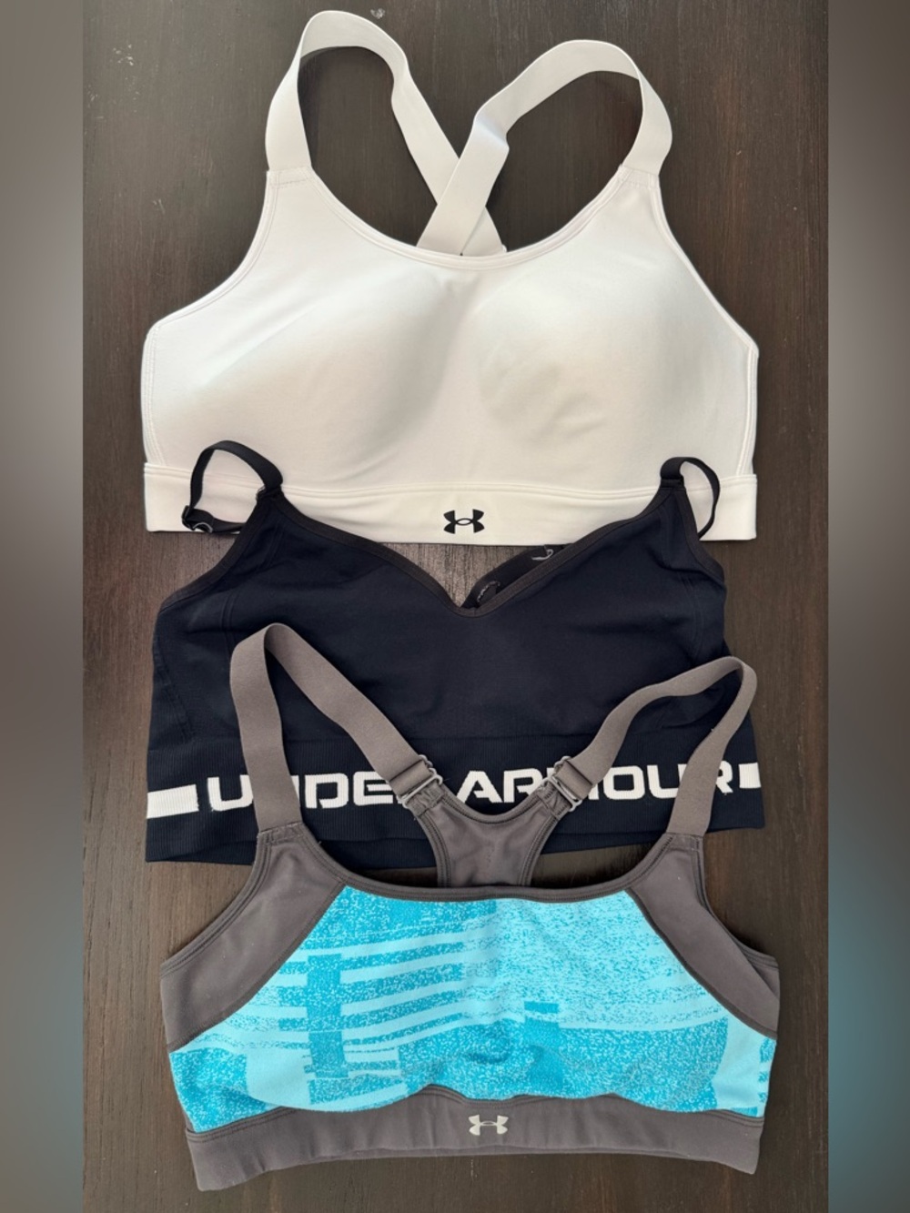 Set of 3 Under Armour Sports Bras - Size Large - White, Black, & Blue/Gray